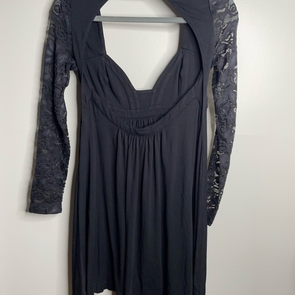 Anthropologie Lace Slip Night Black Mini Dress Size XS NWT Stretch Lace Sleeves - Picture 6 of 7